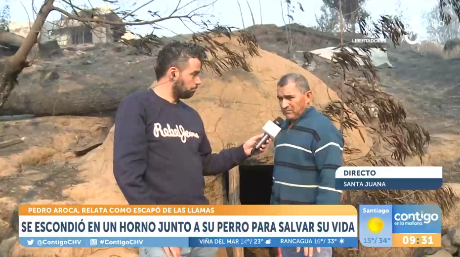 Hombre se escondió en un horno con su perro para salvar su vida en incendio. Captura de Contigo en la mañana de Chilevisión.