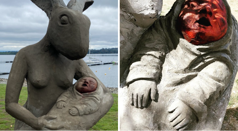 Llamativa escultura de conejo tamaño humano en Puerto Varas llamó la atención de internautas. Fotos: Twitter e Instagram.