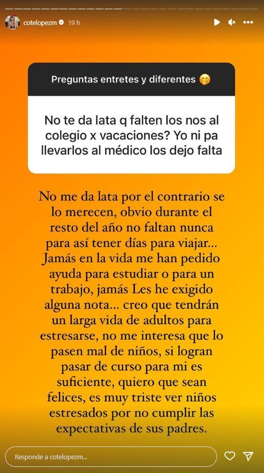 Cote López paró en seco a seguidor que la interpeló por inasistencia de sus hijos al colegio. Fuente: Instagram.