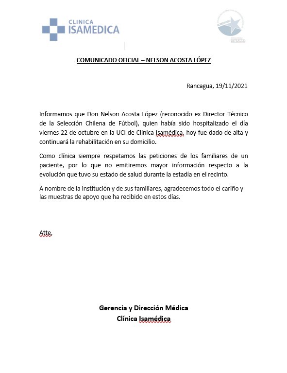 Nelson Acosta comunicado alta