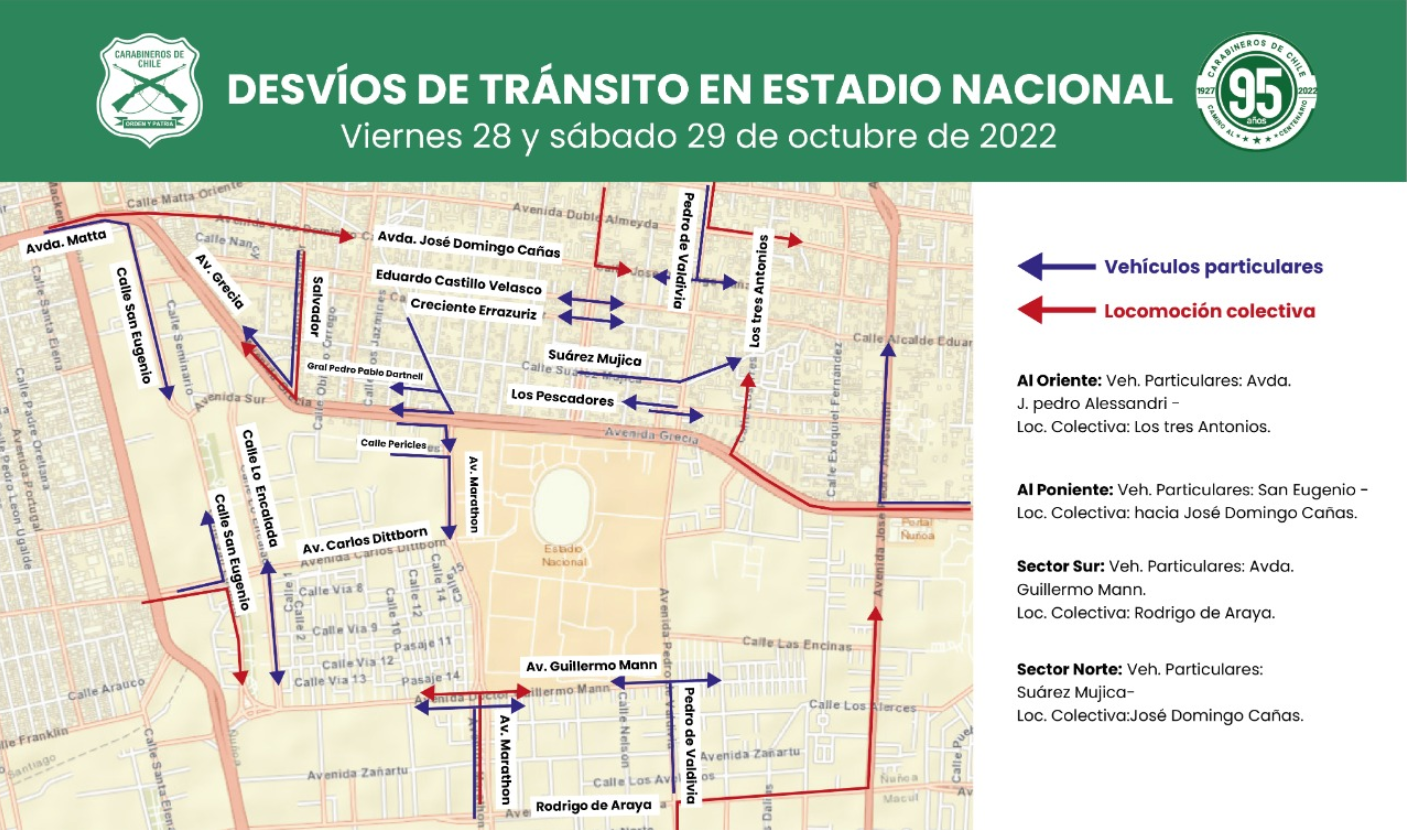 Desvíos de tránsito en Estadio Nacional. Imagen: Carabineros.